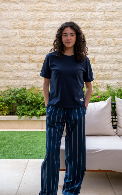 Women summer pajama set Dark Blue T-shirt + Dark Blue X Dark Green Striped Pants
